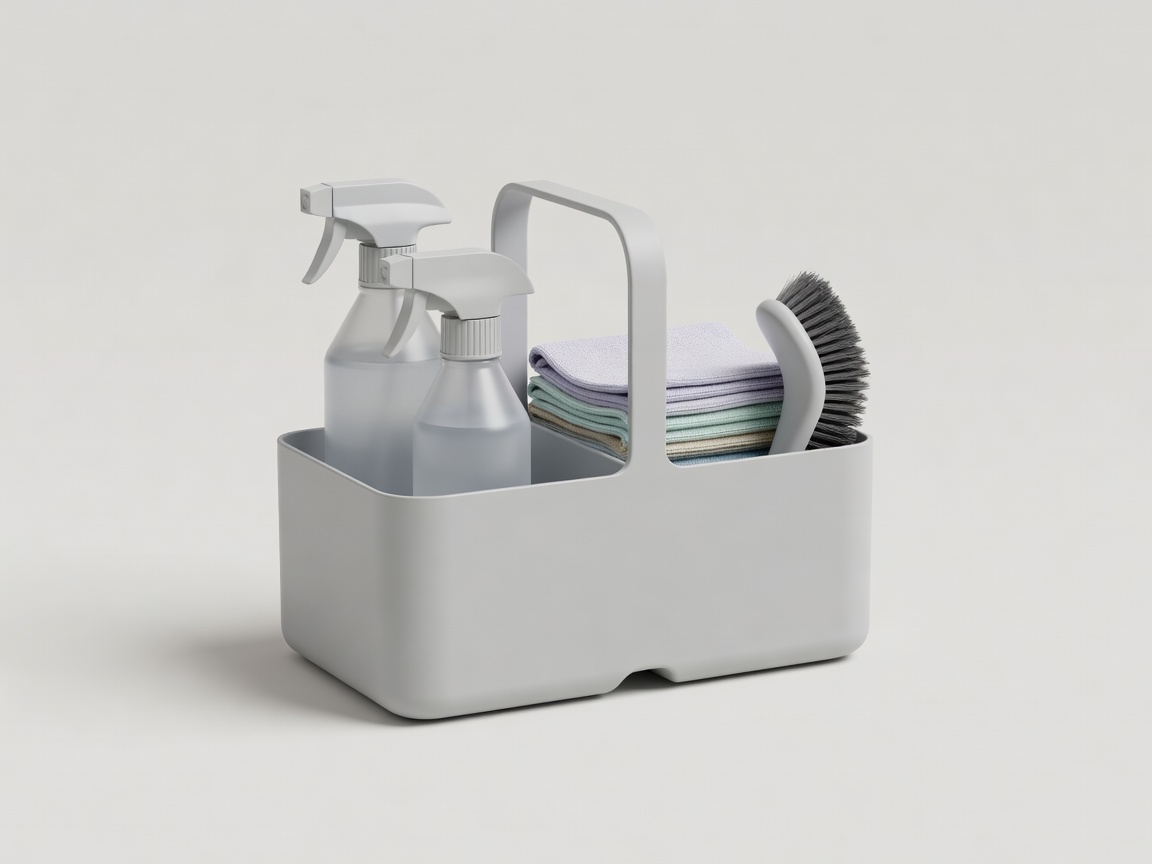 Soft-lit 3D render of a two-compartment cleaning caddy holding spray bottles, microfibre cloths and a scrubbing brush, isolated on a plain background