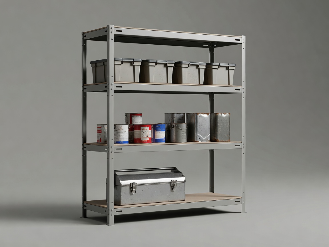 Soft-lit 3D render of a freestanding metal garage shelving unit holding lidded crates, paint tins and a toolbox, isolated on a plain background
