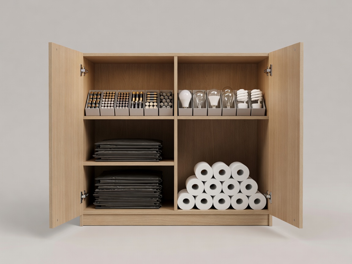 Soft-lit 3D render of an open modular cabinet with labelled bins for batteries, light bulbs, bin bags and toilet rolls, isolated on a plain background