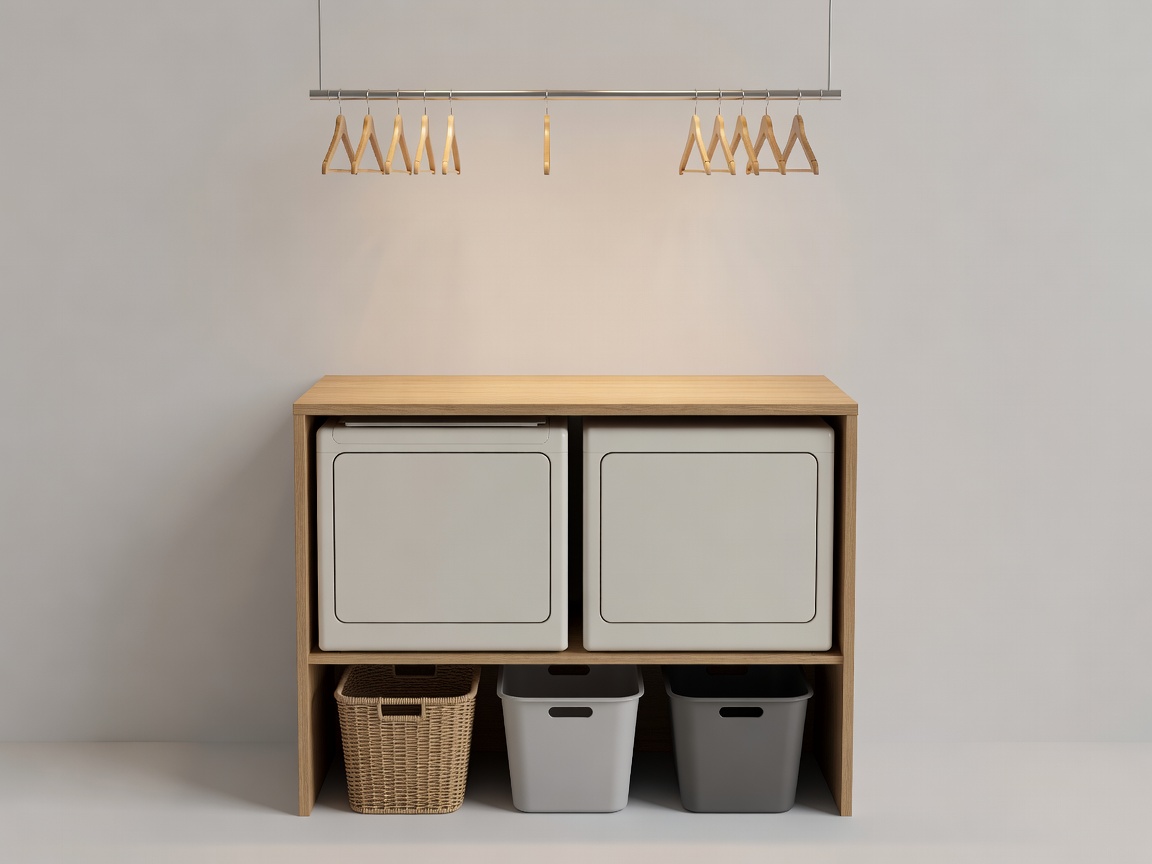 Soft-lit 3D render of a laundry folding counter above a washer and dryer, with a hanging rail and three sorting baskets beneath, on a plain background