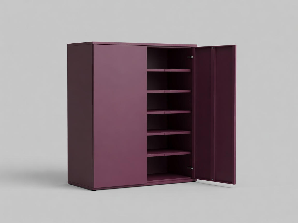 Soft-lit 3D render of a plum modular storage cabinet with one open door revealing labelled shelves, isolated on a plain background