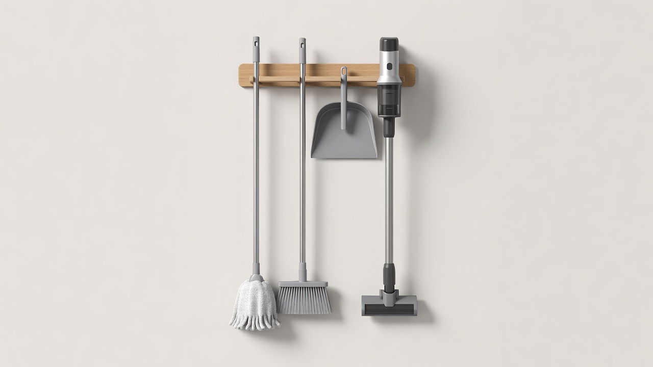 Soft-lit 3D render of a wall rack with a mop, broom, dustpan and cordless vacuum stored upright, on a plain background